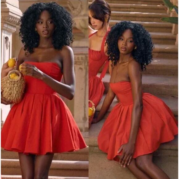 HOUSE OF CB Emmanuela Strapless Pleat Mini Dress Italian Tomato Red Sz M {3P44} - Picture 1 of 11